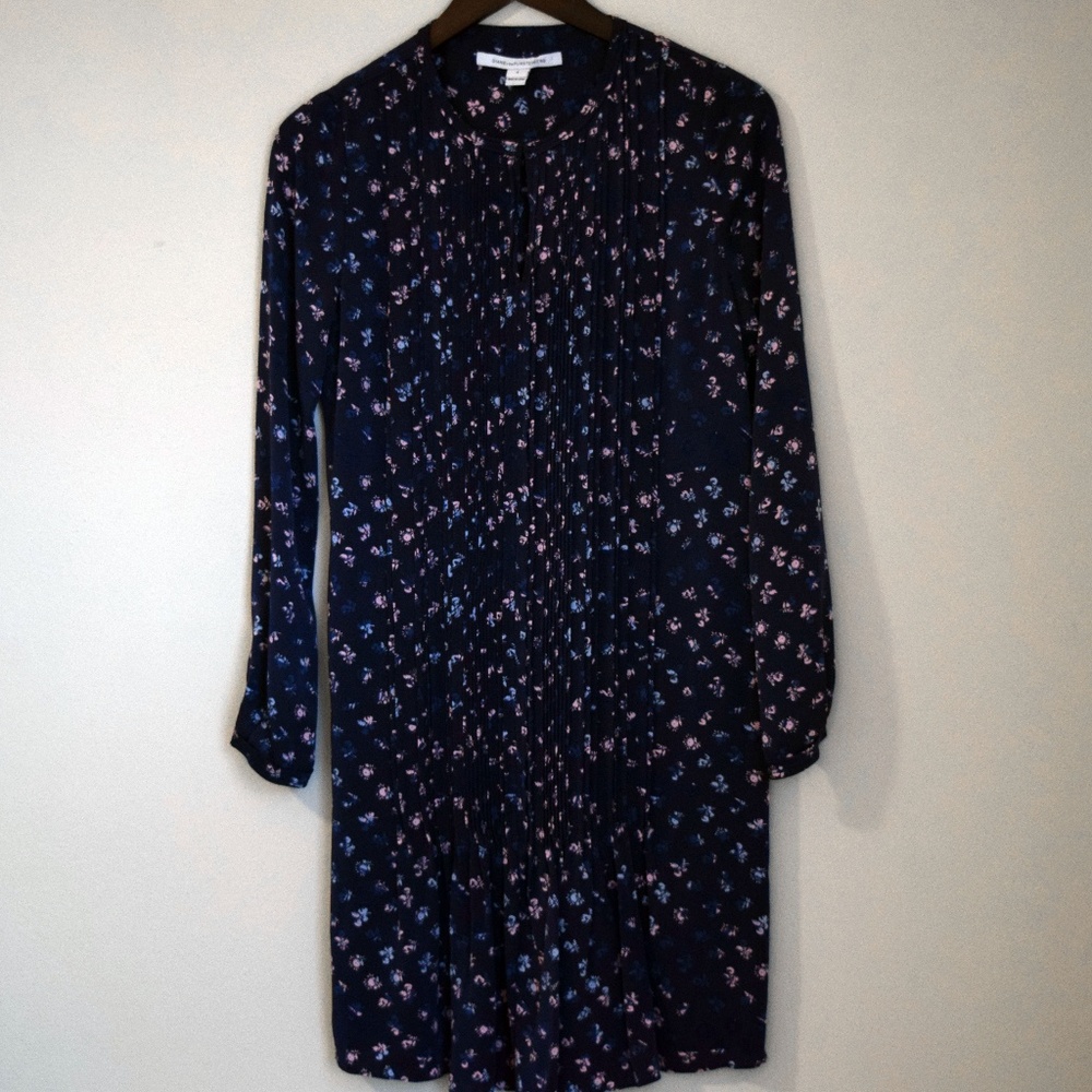 DVF Silk Navy Blue Floral Long Sleeve Dress